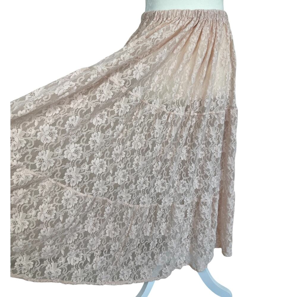 Vtg Cynthia San Fancisco Sheer Lace Tiered Skirt Blush Size Large Romantic Boho - Picture 2 of 9